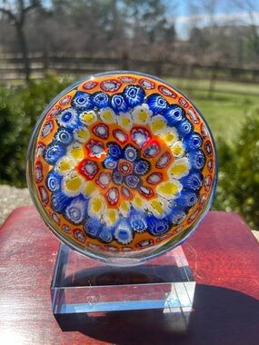 Large Millefiori Glass Paperweight on Stand